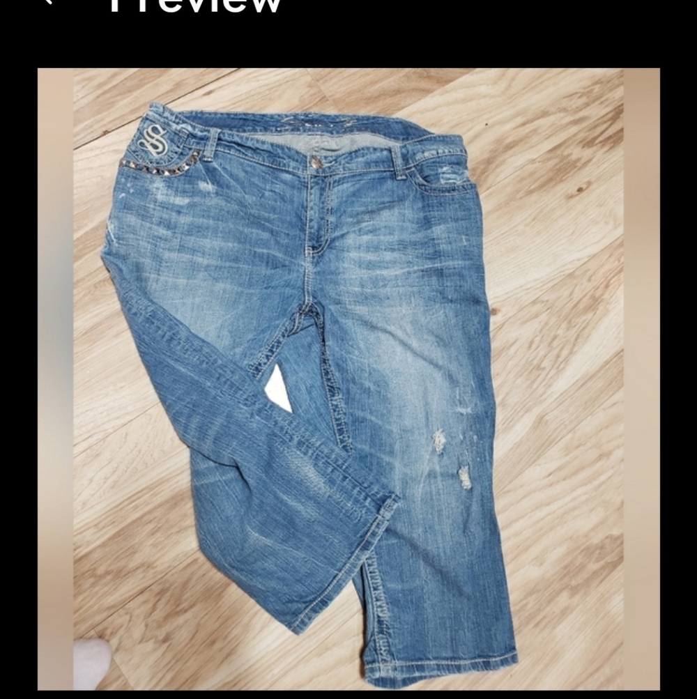 Seven7 Plus Size 22w Crop Jean Distressed Rhinestones Bling On Pockets Stretch